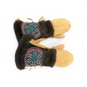 ASTIS Long Cuff Mittens Leather Beaded Embroidery with Fur & Fringe